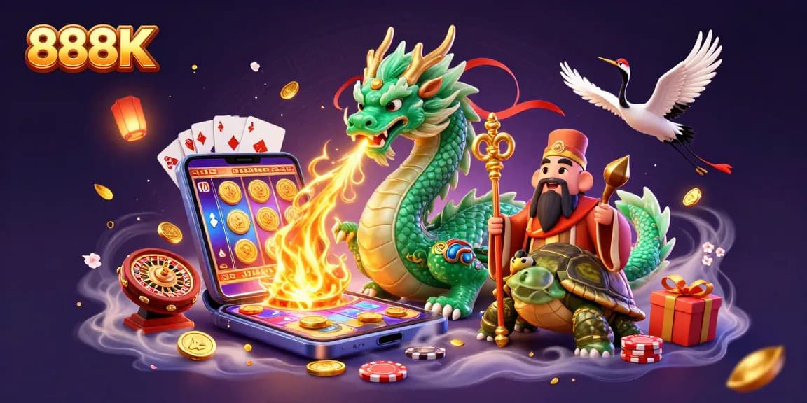 Experience thrilling gameplay with 888K showcasing a dragon, turtle sage, and lucky cranes in a vibrant casino setting.