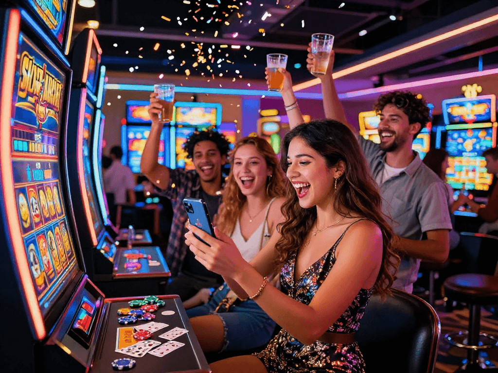 Friends celebrating a slot jackpot win with neon lights and confetti at a vibrant casino.