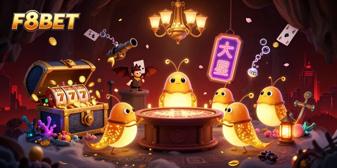 F8BET casino illuminated by glowworms creates an enchanting gaming atmosphere with vibrant slots and immersive details.