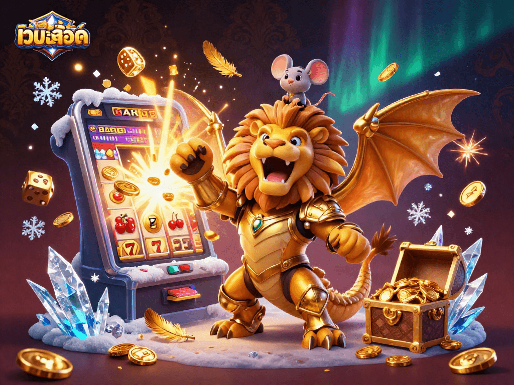 Experience the thrill of เว็บสล็อต with vibrant, dynamic 3D visuals of a chimera and dazzling casino elements.