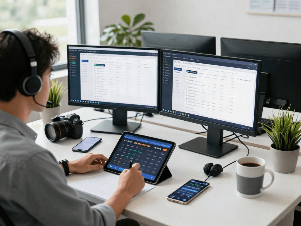 Expert analyst conducting 먹튀검증 research in a modern workspace, ensuring online gambling safety.