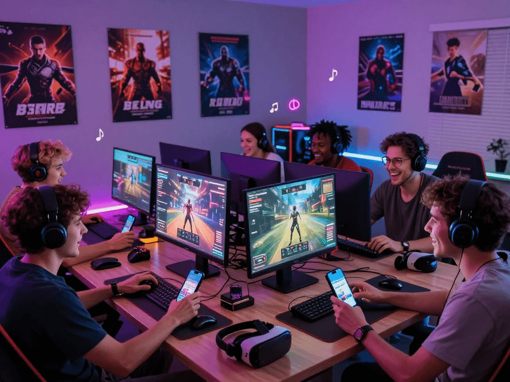 Engaged adults enjoying interactive porn games on various devices in a vibrant gaming environment.