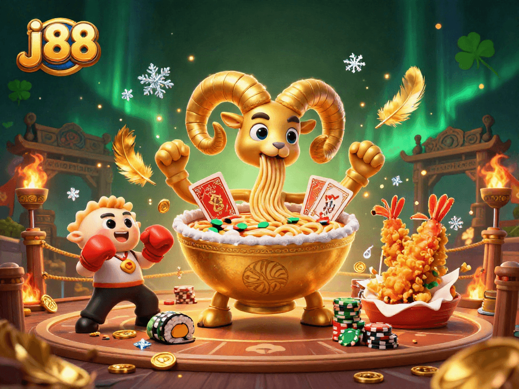 Experience the thrill of j 88 as a giant ramen bowl dealer engages players in a vibrant casino scene.