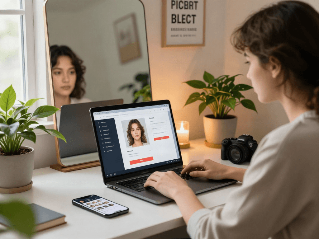 Interactive attractiveness test scene with user uploading a photo to rate their beauty.