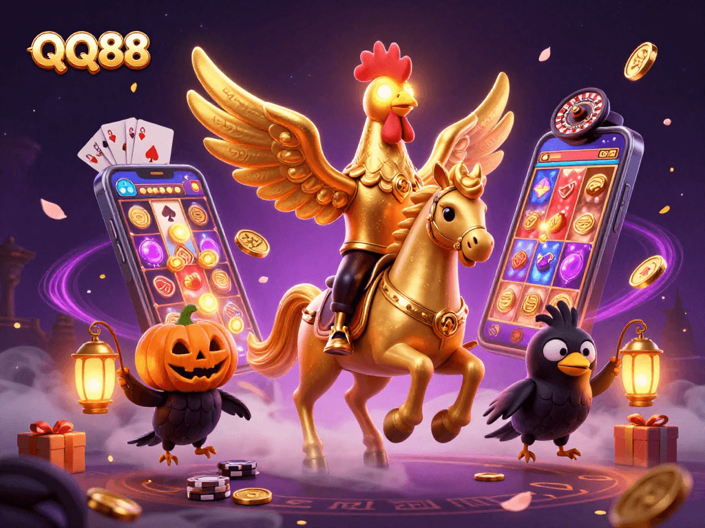 Experience thrilling gameplay at QQ88 with a dazzling 3D illustration of dynamic casino action.