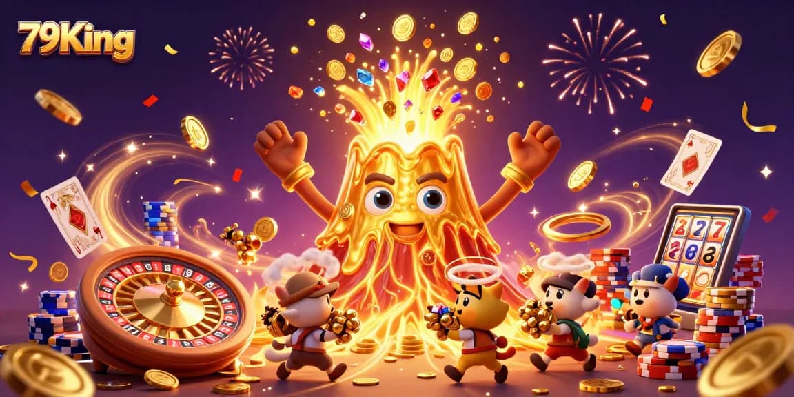 Experience fun with 79King's interactive casino games featuring a golden volcano erupting treasure.