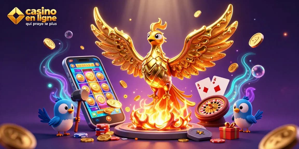 Célébrez les gains avec le casino en ligne qui paye le plus, illustré par un phoenix doré et des jeux animés.