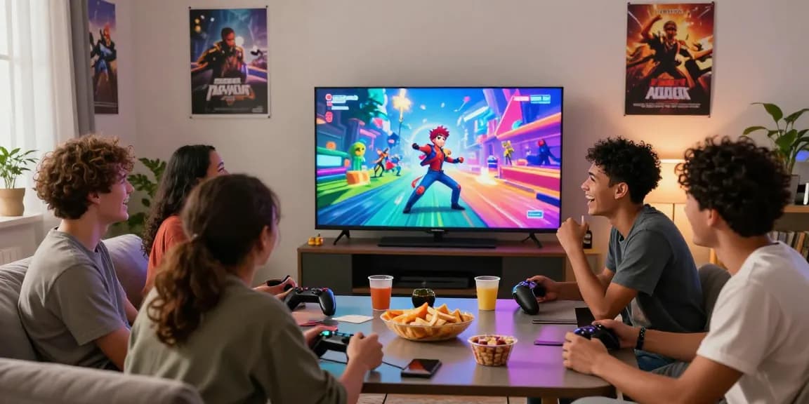 Friends enjoying an adult game night in a vibrant living room setting, full of laughter and excitement.