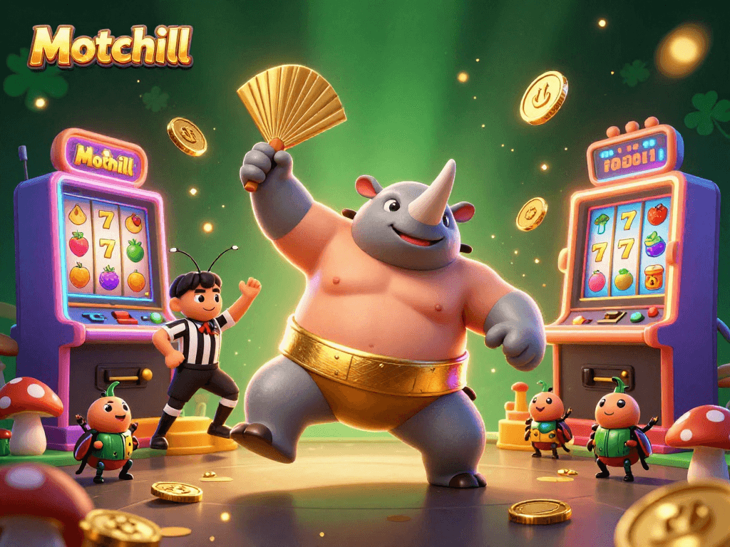 Experience Motchill with vibrant and dynamic slot games featuring playful 3D characters and floating coins.