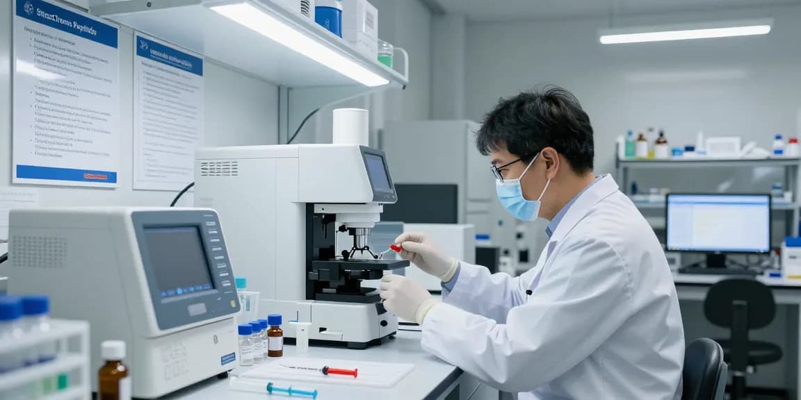 Scientist preparing SwissChems Peptides in a dynamic lab setting with advanced equipment.