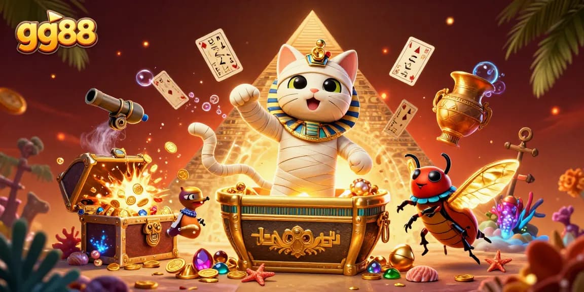 Engage with gg88's vibrant gaming world featuring an Egyptian mummy cat and glowing scarab in a stunning casino scene.