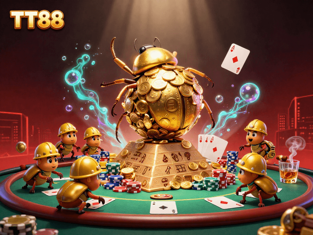Engage in dynamic casino action with TT88 as golden beetles roll coins amidst poker games.
