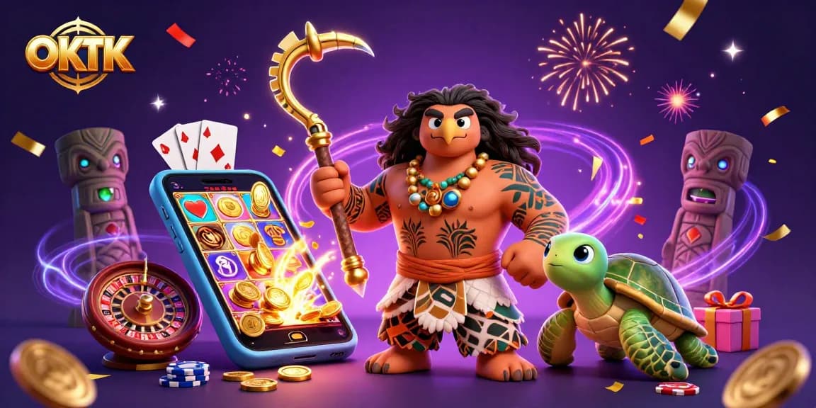OKTK showcases thrilling slot gaming with a vibrant Polynesian-themed illustration.
