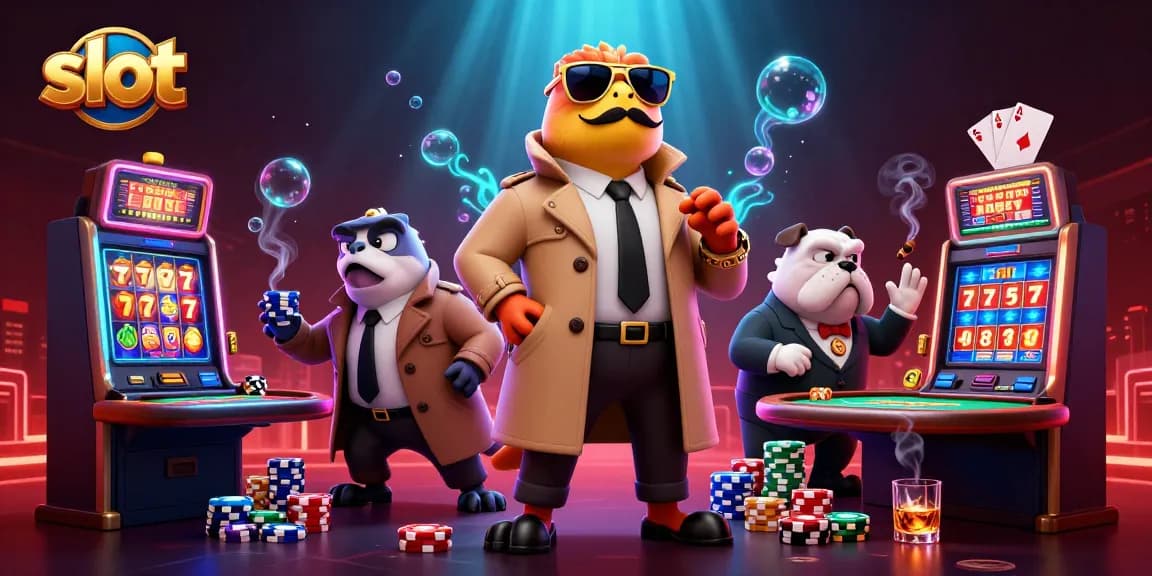 Raptors disguised as a tall person enter a VIP casino lounge, showcasing vibrant slots and poker elements.