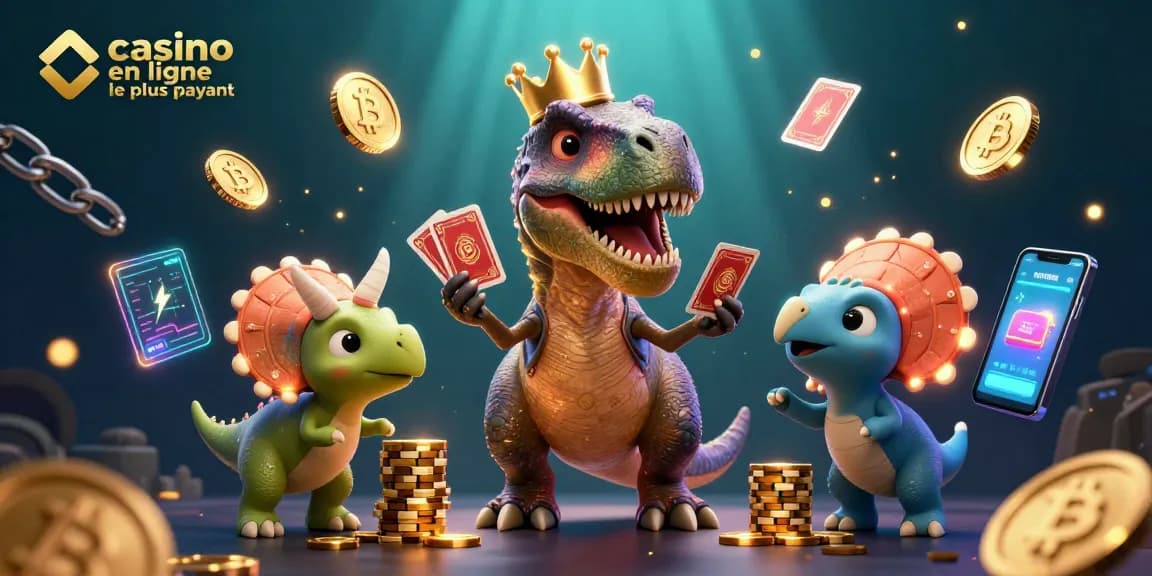 Gagnez au casino en ligne le plus payant avec un T-Rex tentant de jouer aux cartes.