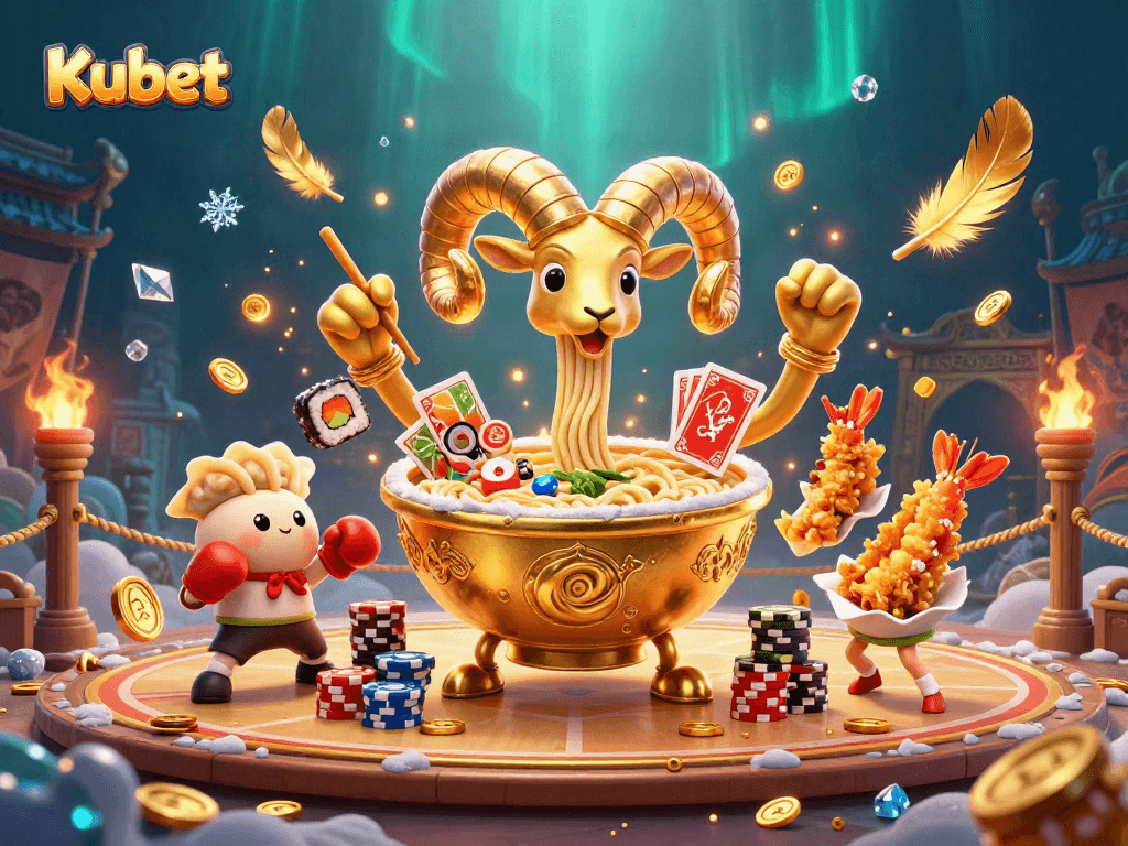 Kubet's vibrant casino scene featuring a golden ramen bowl dealing cards amidst dynamic game elements.