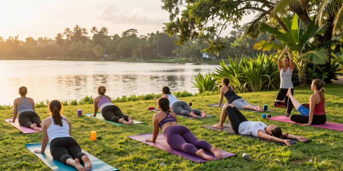 Group practicing synergy vinyasa yoga teacher training at Lanka Yoga, surrounded by lush scenery and calming lake views.
