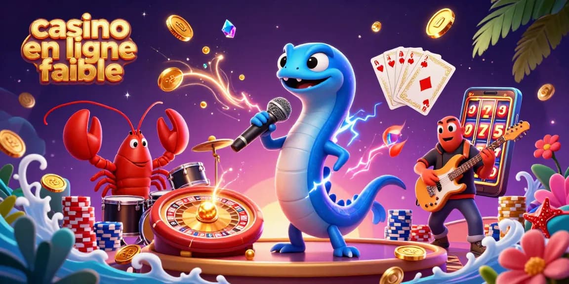 Illustration d'un casino en ligne fiable avec un DJ anguille, un groupe marin et des éléments de jeu dynamiques.