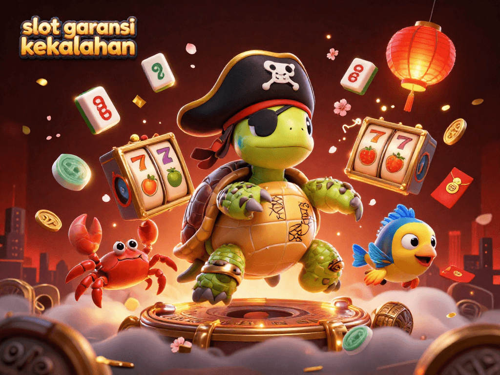 Engage with slot garansi kekalahan featuring a pirate turtle and vibrant casino elements.