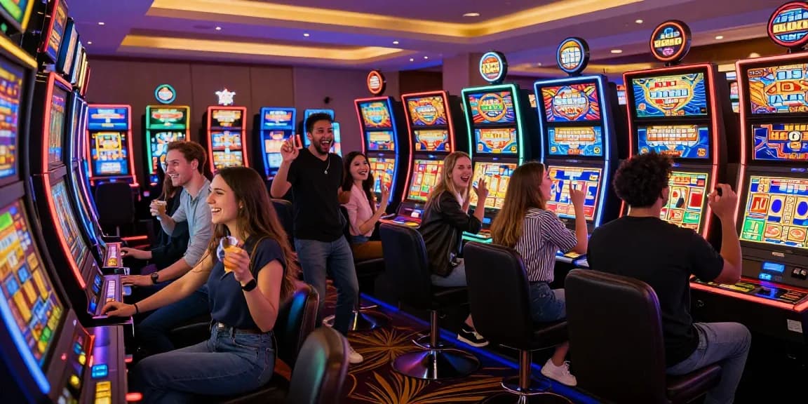 Group celebrating a slot jackpot win in a lively casino atmosphere.