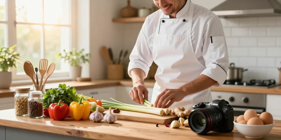 Chef preparing ginger and lemongrass dishes in a vibrant kitchen, emphasizing healthy eating with fresh ingredients and warm lighting. Explore สล็อต cuisine.