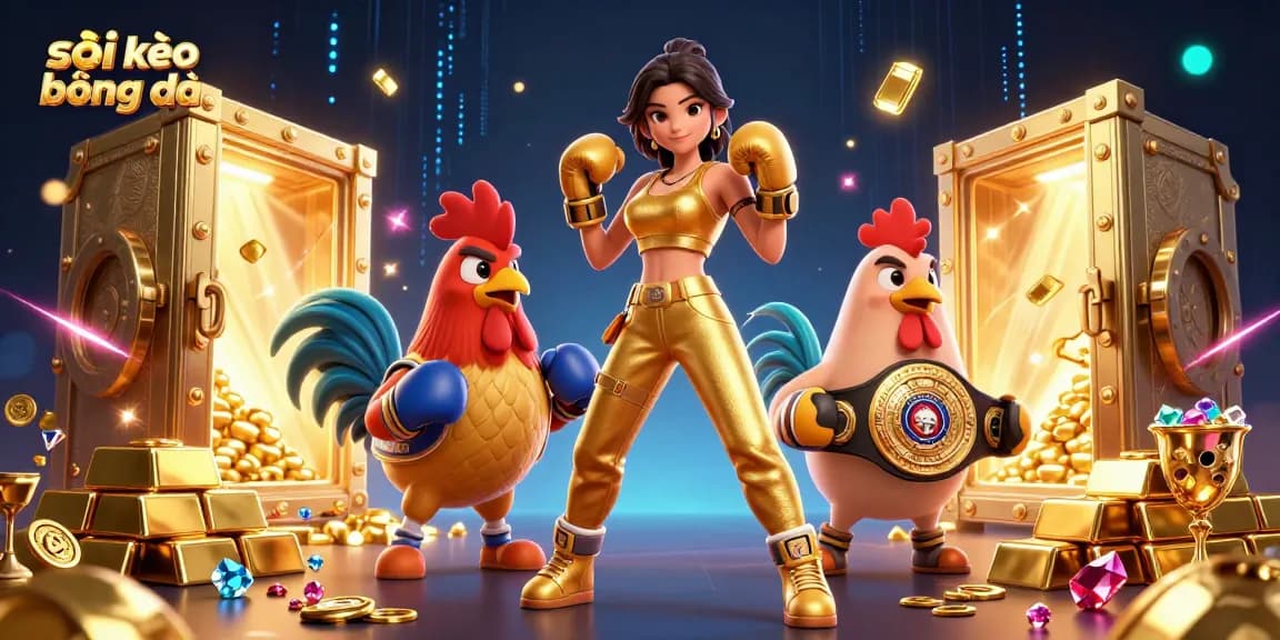Soi kèo bóng đá illustrated with dynamic sports betting action, vibrant 3D characters, and rich casino elements