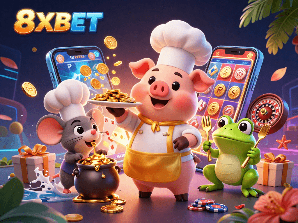 Spin and win with 8XBET's vibrant online casino games enhanced by dazzling gold coins and lively characters.