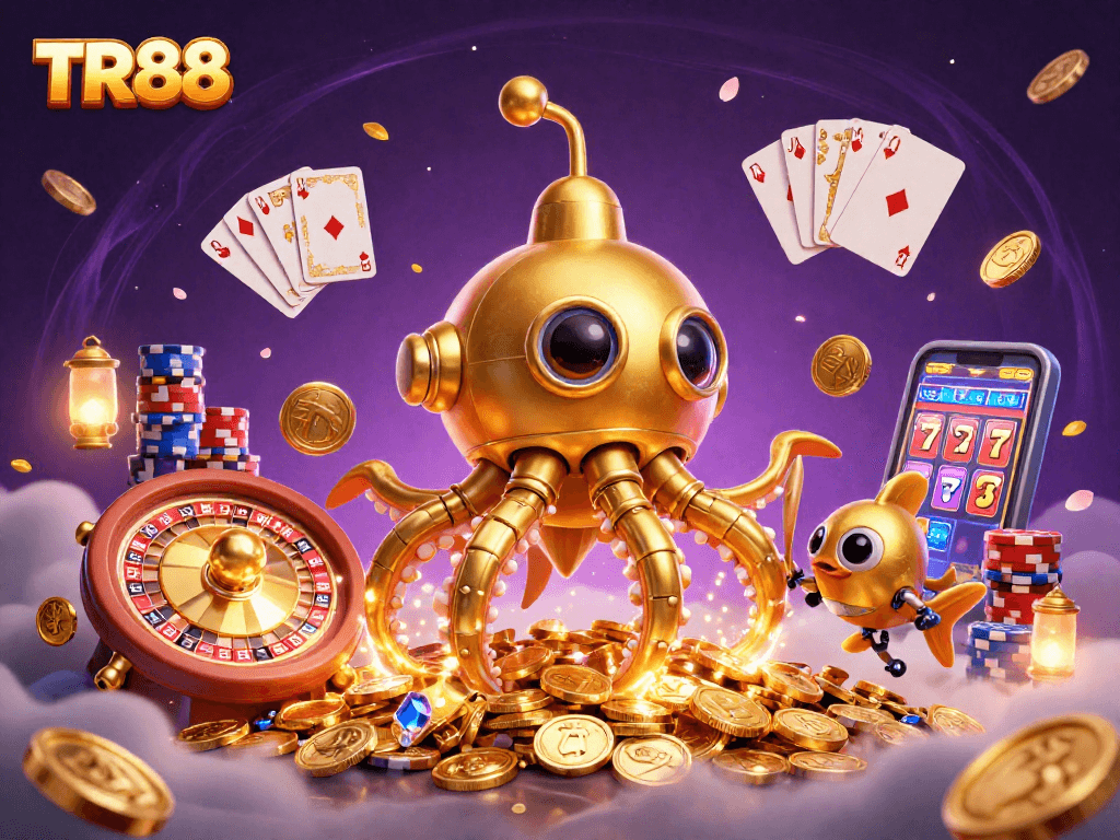 Explore TR88's casino treasures with a kraken amidst vibrant games and winnings.