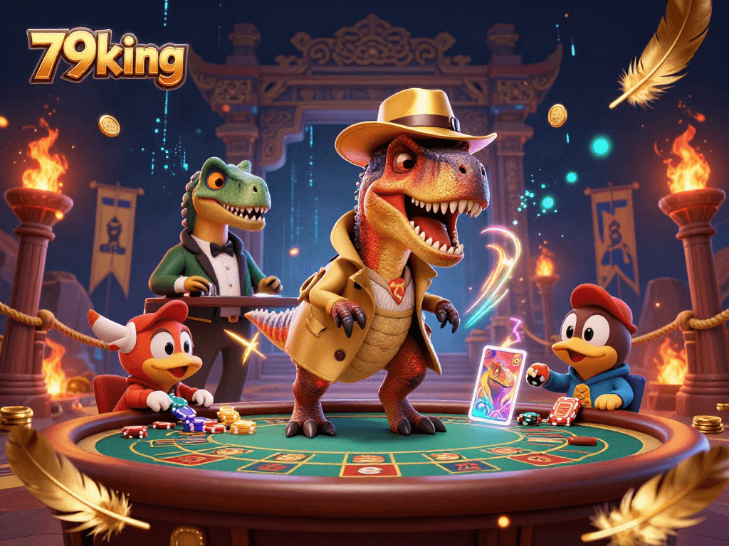 79king showcases a thrilling blackjack scene with cartoon dinosaurs engaging in cunning tactics.