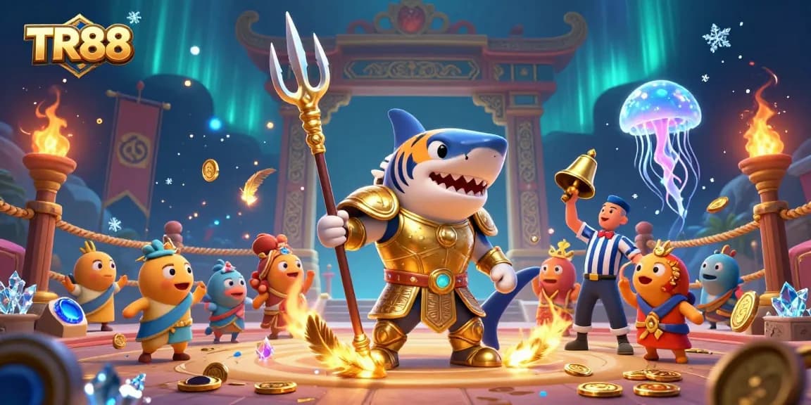 Experience thrilling gaming at TR88 with a gladiator shark in a vibrant underwater arena.