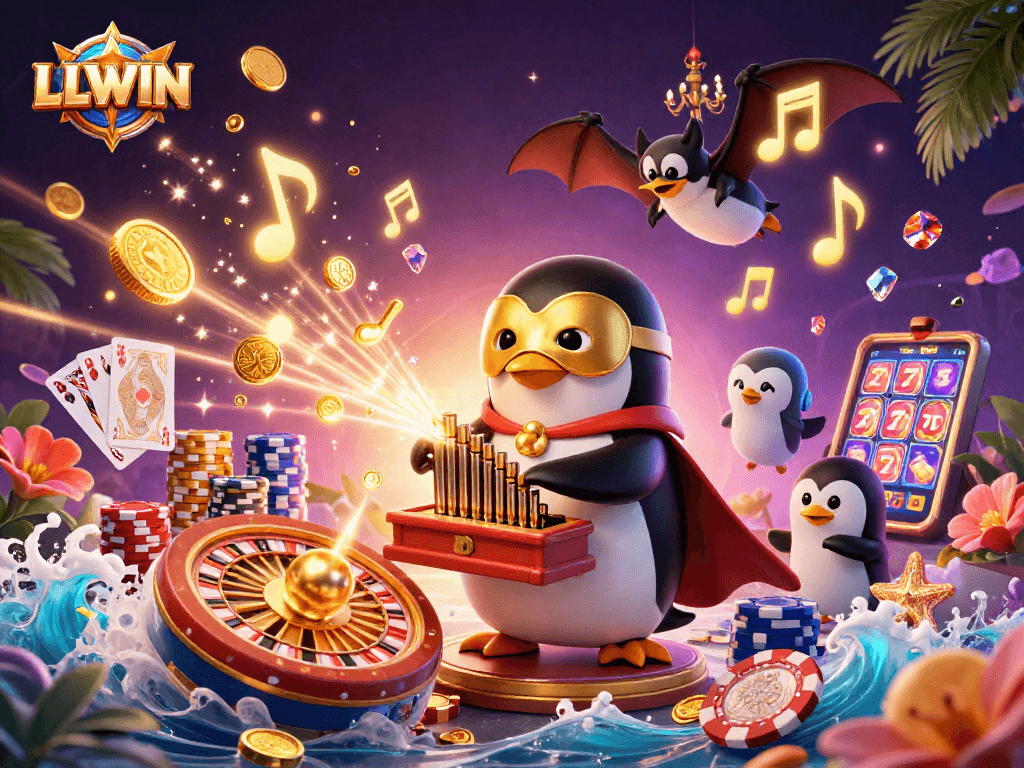 Engage in thrilling games with LLWIN's vibrant casino scene featuring golden coins, a fortune-filled penguin, and immersive elements.