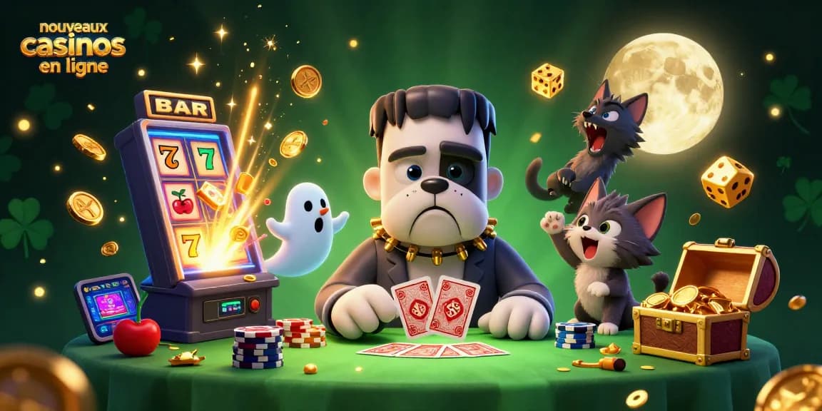 Illustration captivante des nouveaux casinos en ligne avec des personnages de casino fantaisistes et une machine à sous explosive.