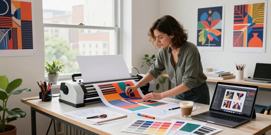 Designer operating poster making machines in a bright studio filled with design tools and vibrant materials.
