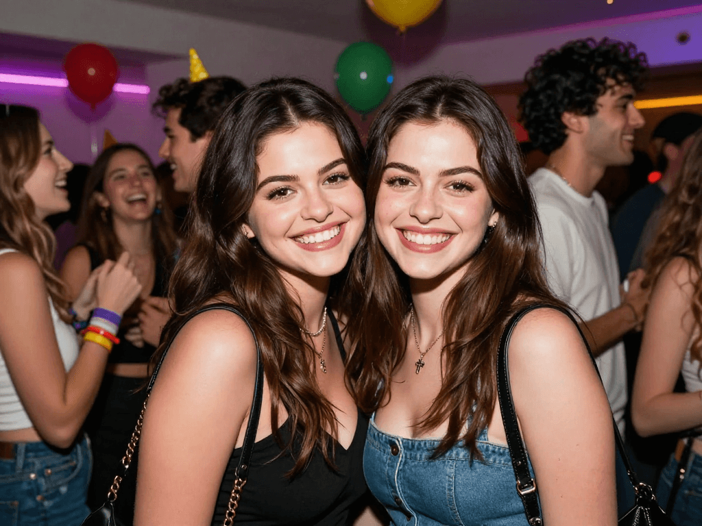 Friends resembling celebrities look alike enjoying a lively gathering