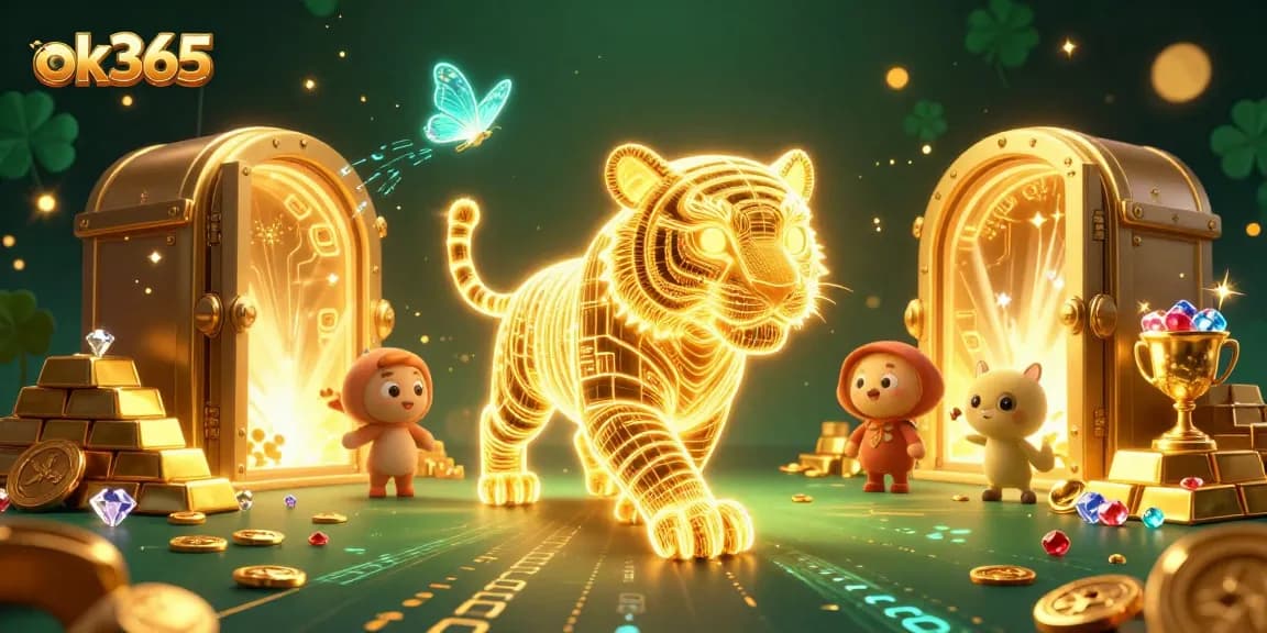Experience the thrill of ok365 as a glowing tiger prowls a digital casino landscape with treasures scattered around.
