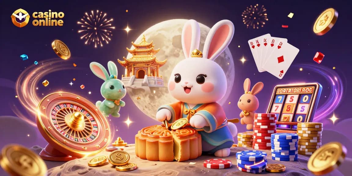 Play casino online with captivating 3D illustration featuring moon rabbit and poker chips.