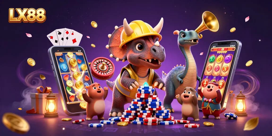 LX88 gamers celebrate with vibrant slot action and 3D characters in an animated casino scene.