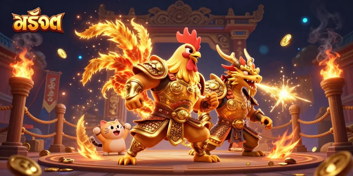 Engage in exciting สล็อต gaming with a dynamic scene featuring a fighting rooster and dragon.