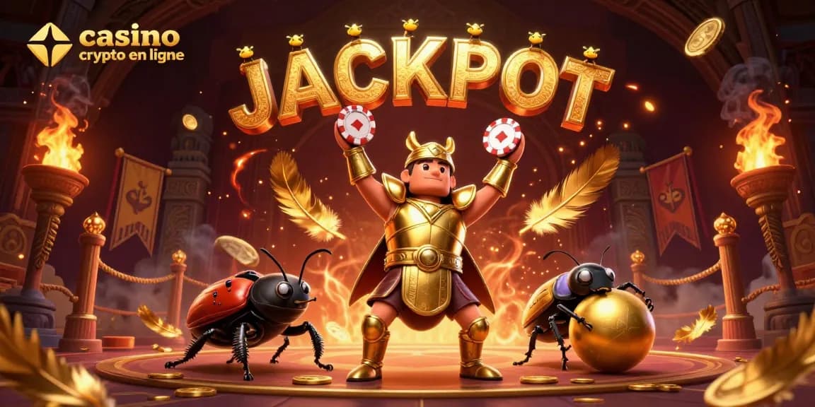Le jackpot s'illumine avec le casino crypto en ligne, mettant en scène un scarabée armé et un compagnon.