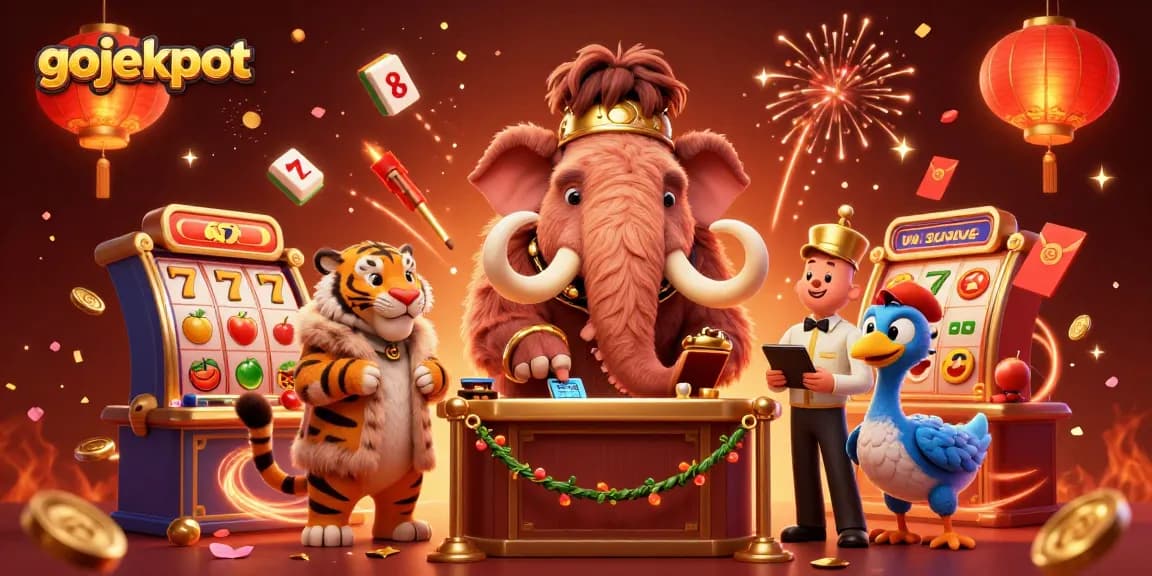 Experience exciting jackpots with gojekpot at this vibrant casino scene featuring a woolly mammoth bouncer.