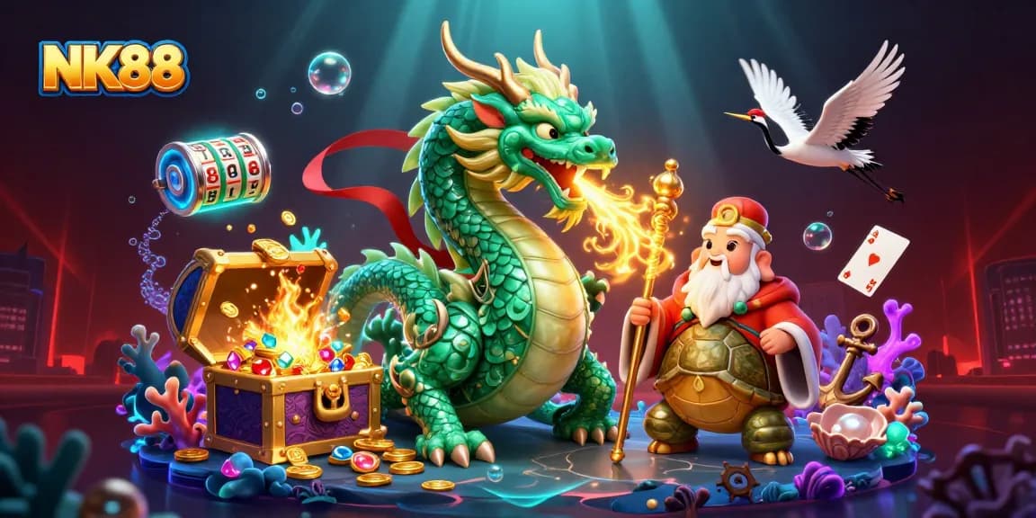 Engage in thrilling gameplay at NK88 with the jade dragon and turtle sage amidst treasure and slots.