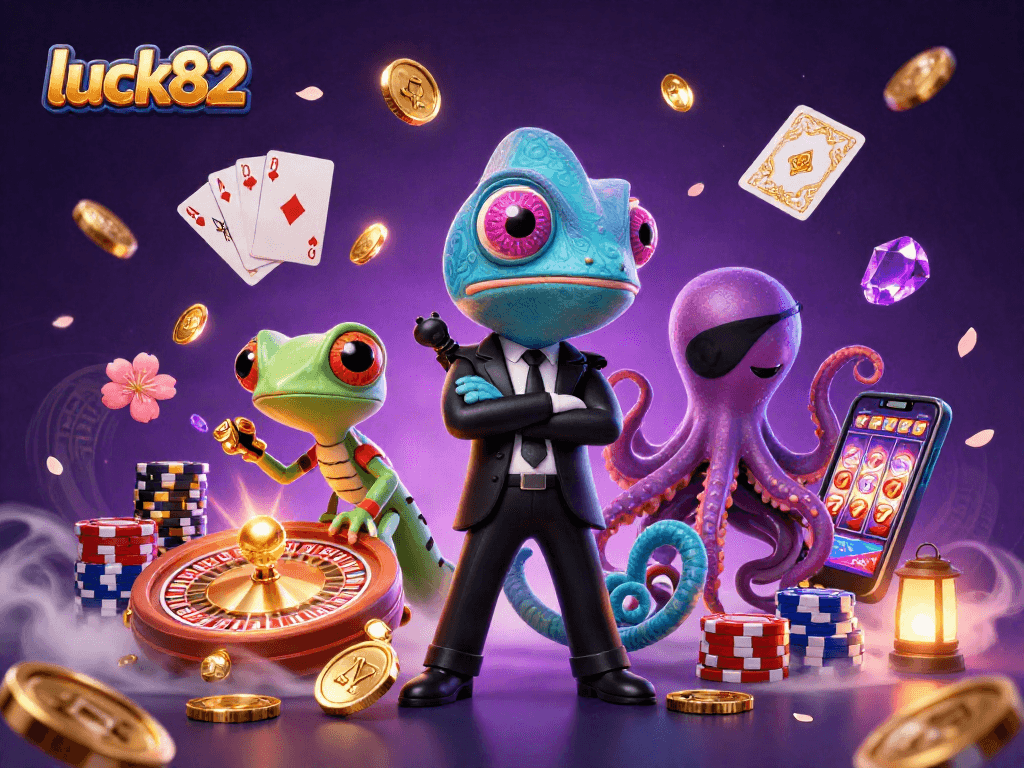 Engage in thrilling games at luck82 with vibrant casino characters and dazzling gold coins.