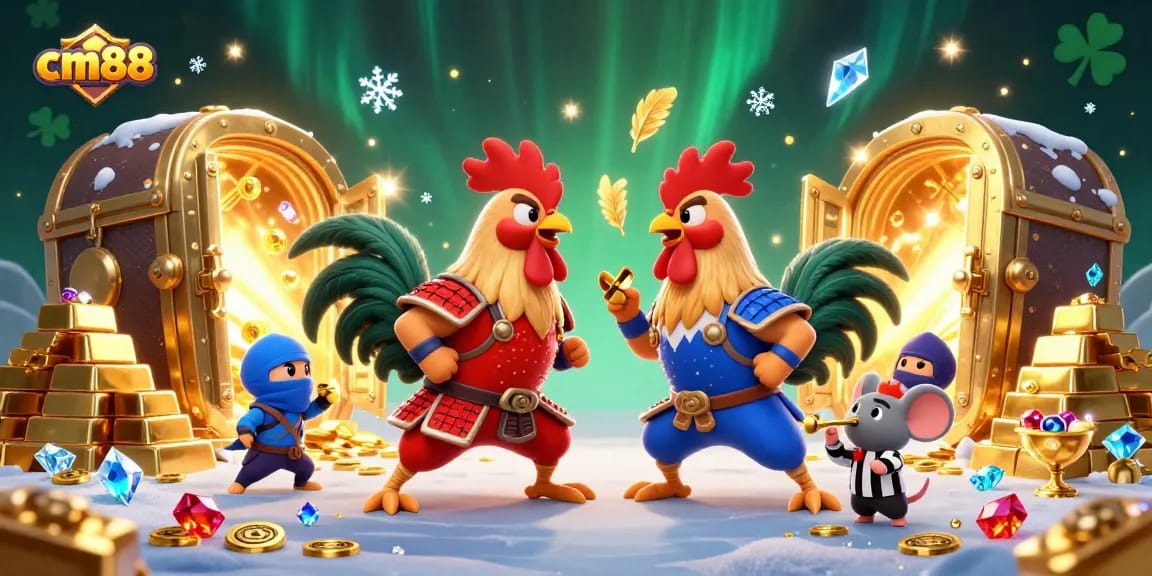 cm88 showcases an exciting scene of twin fighting roosters in a dramatic standoff surrounded by extravagant casino-themed elements.