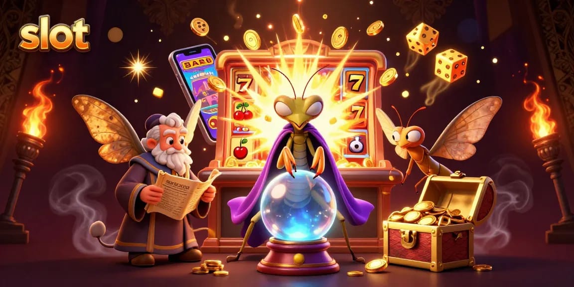 Engage in slot magic with a whimsical mantis fortune teller predicting wins amidst a vibrant casino scene.