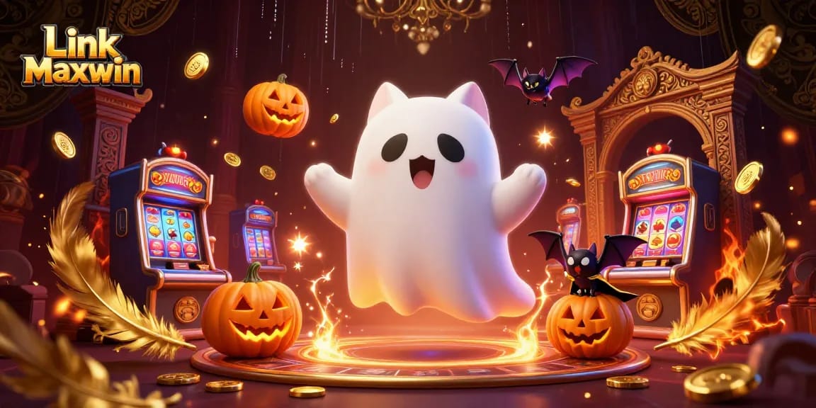 Explore thrilling wins with Link Maxwin, featuring a friendly ghost cat and vampire bat in a vibrant casino!