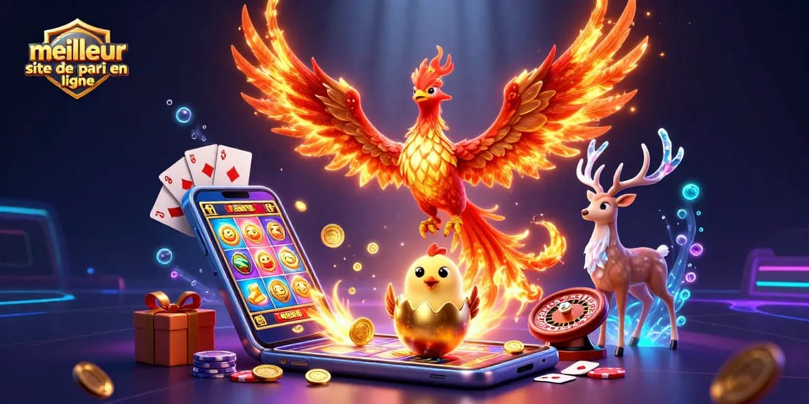 Meilleur site de pari en ligne, visuel captivant d'un phoenix et éléments de jeu autour.