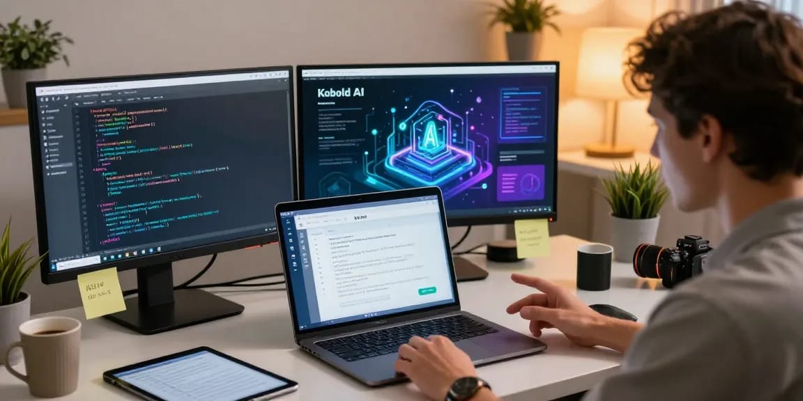 Engaging with Kobold AI chatbot in a modern workspace, showcasing innovative technology and user interaction.