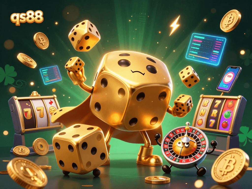 Players enjoying qs88's vibrant 3D casino scene with golden dice and glowing crypto elements.
