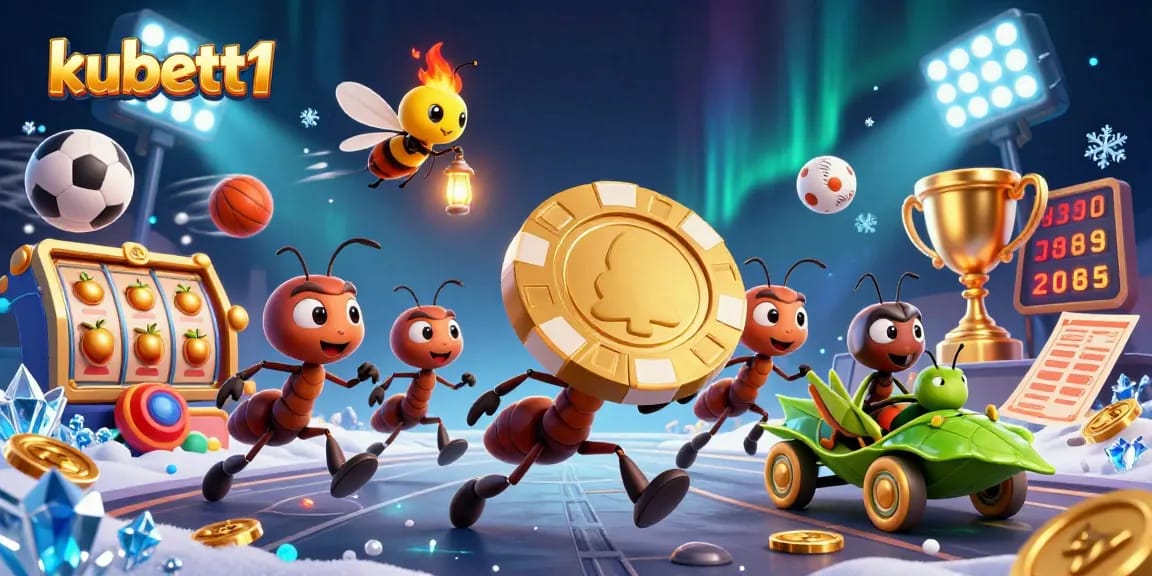 Experience the excitement of kubett1 as ants carry a giant poker chip through a vibrant casino scene.