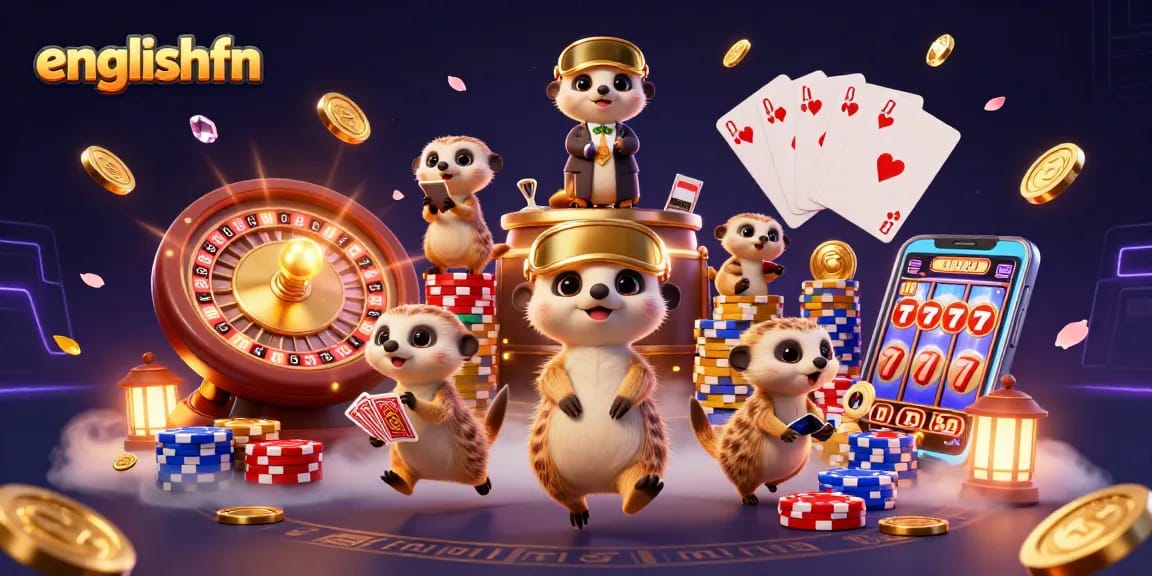 Experience thrilling gameplay with englishfn in this vibrant 3D casino scene featuring meerkats managing a bustling gaming floor.